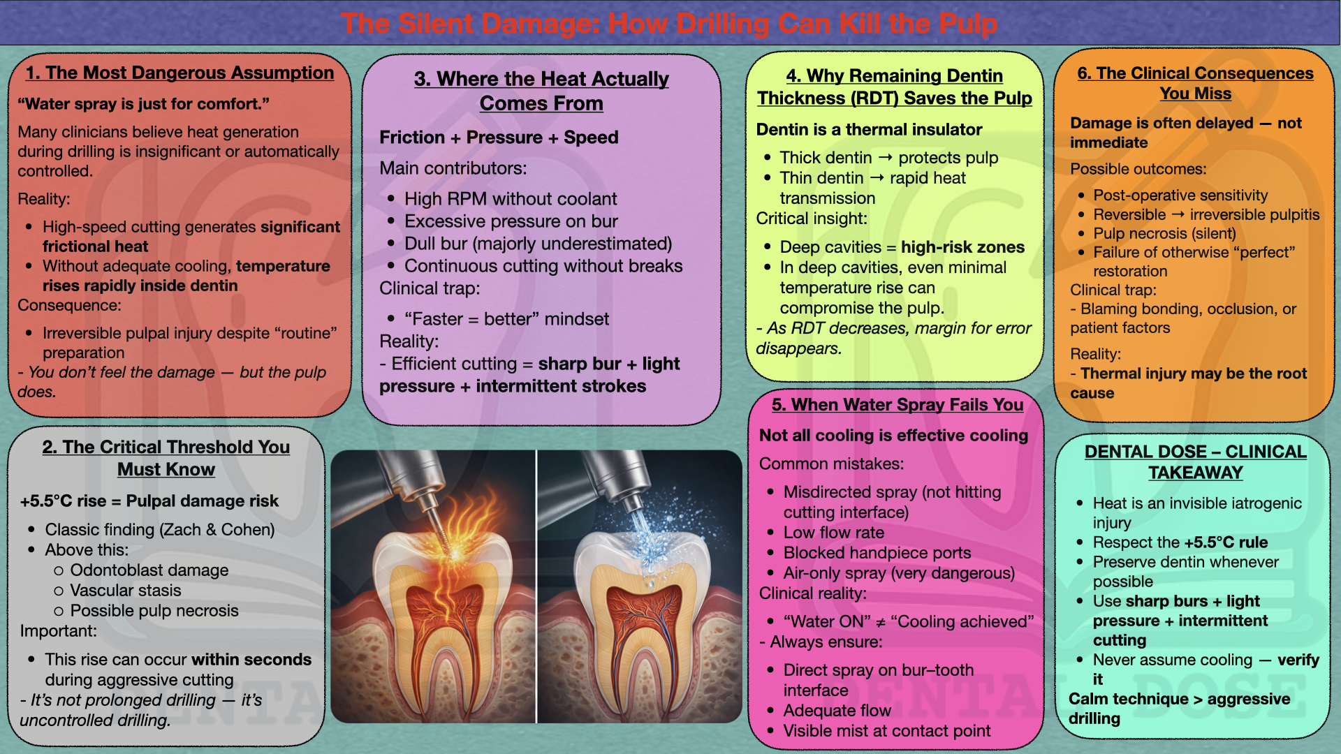 infographic explaining how dental drilling heat can cause pulpal damage and importance of cooling and dentin thickness